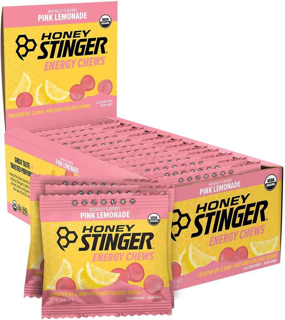 Honey Stinger Organic Pink Lemonade Energy Chew, Gluten Free & Caffeine Free, for Exercise, Running and Performance, Sports Nutrition for Home & Gym, Pre and Mid Workout, 21.6 Ounces (Pack of 12)