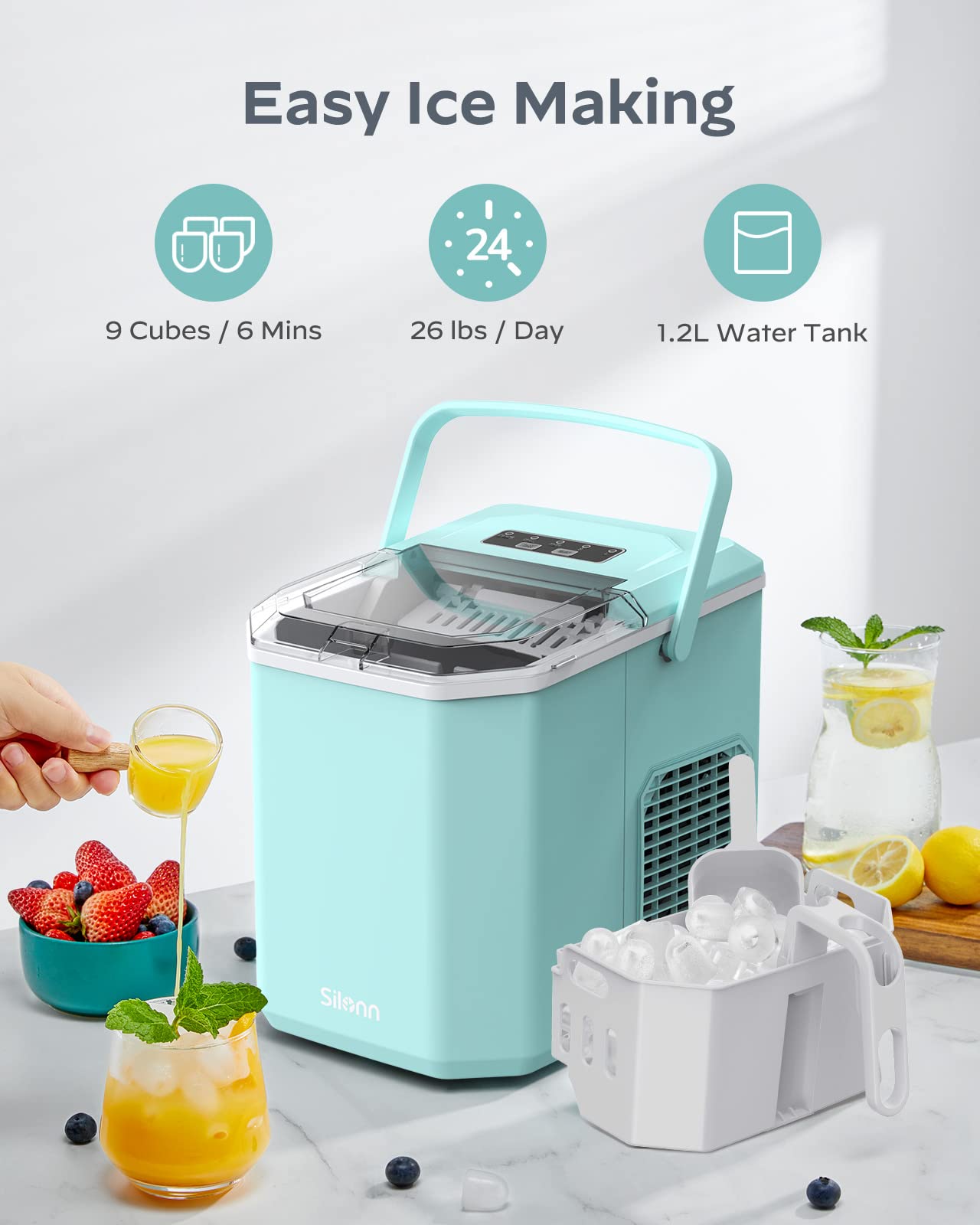 Silonn Ice Maker Countertop, Portable Ice Machine with Carry Handle, Self-Cleaning Ice Makers with Basket and Scoop, 9 Cubes in 6 Mins, 26 lbs per Day, Ideal for Home, Kitchen, Camping, RV