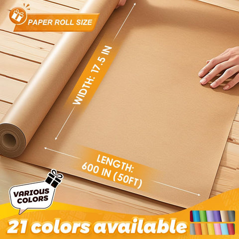 PerkHomy Brown Kraft Paper Roll 17.5" x 600" (50') for Gift Wrapping Bulletin Board Craft Art Bouquet Flower Packing Moving Shipping Floor Covering Table 70GSM 50LB (Brown, 17.5" x 50')
