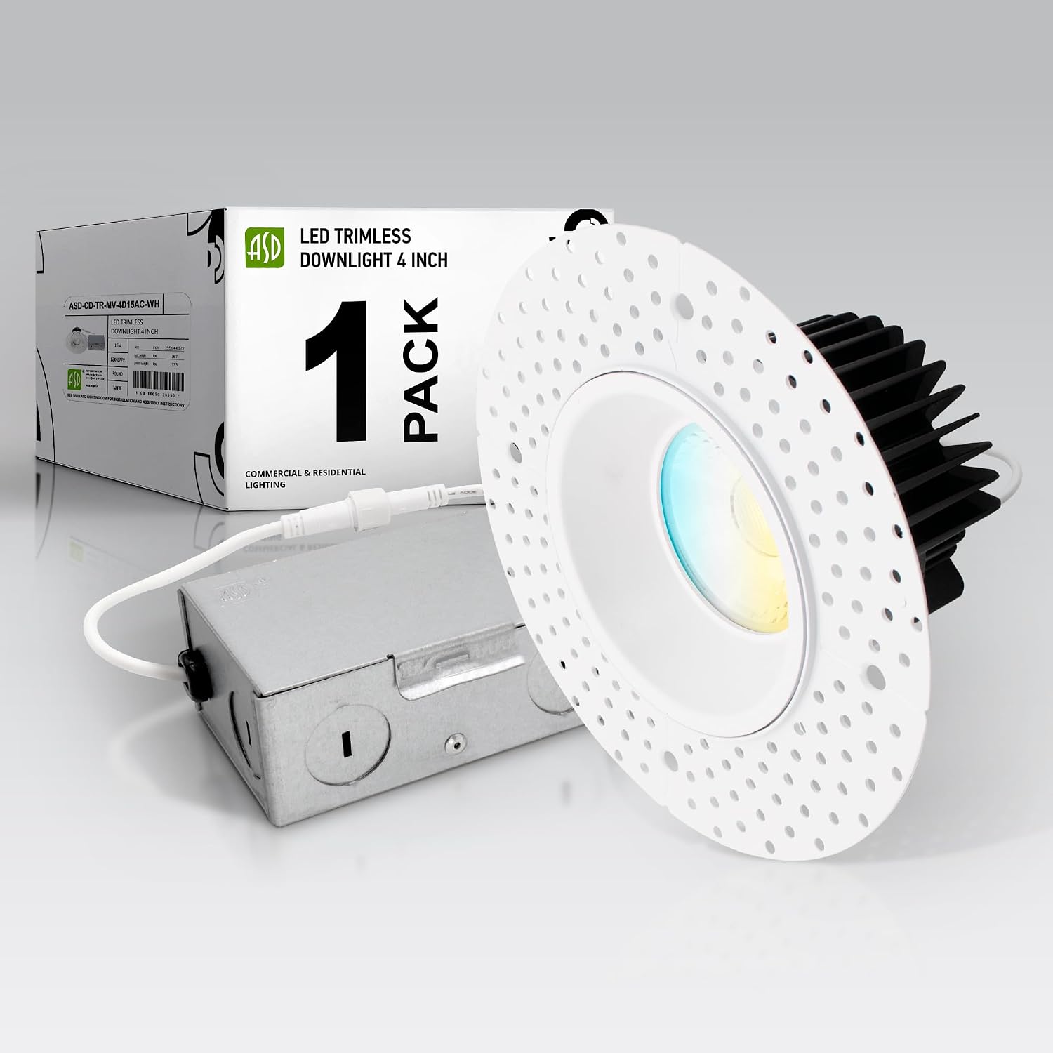 ASD 4 Inch Trimless LED Recessed Ceiling Light Fixture, 120-277V Multi-Voltage Commercial Downlight, 15W 1082 Lumens, 5CCT 2700K-5000K, 0-10V Dimmable, CRI90+, Anti-Glare, IC & Wet Rated, ETL