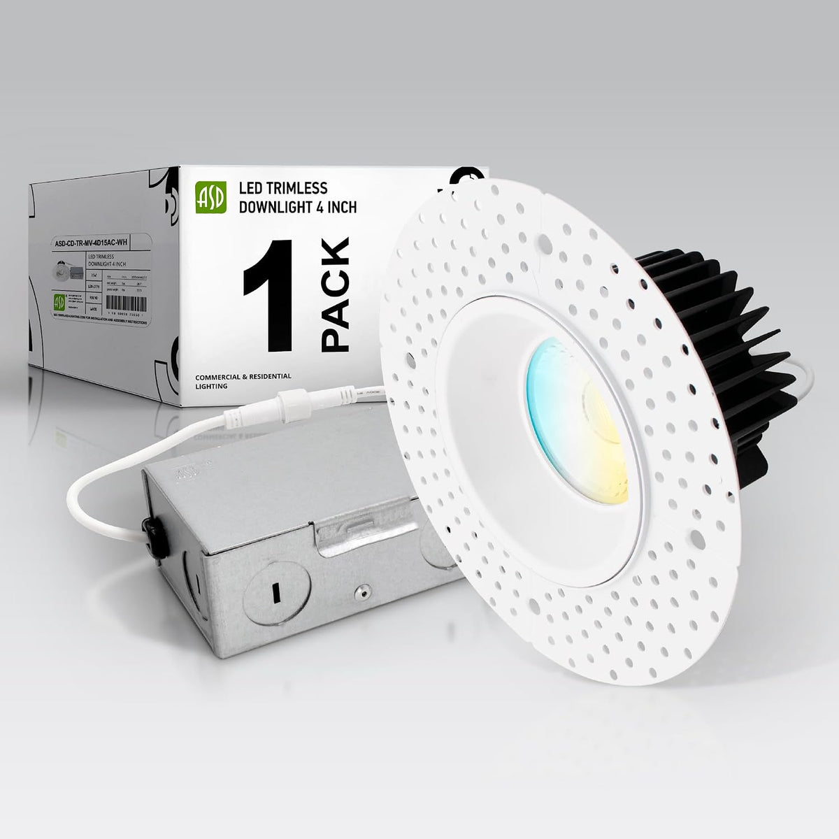 ASD 4 Inch Trimless LED Recessed Ceiling Light Fixture, 120-277V Multi-Voltage Commercial Downlight, 15W 1082 Lumens, 5CCT 2700K-5000K, 0-10V Dimmable, CRI90+, Anti-Glare, IC & Wet Rated, ETL