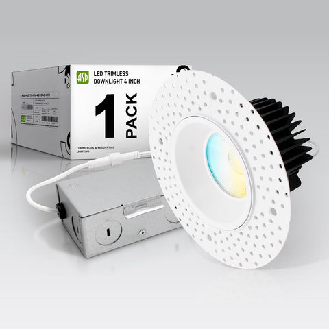 ASD 4 Inch Trimless LED Recessed Ceiling Light Fixture, 120-277V Multi-Voltage Commercial Downlight, 15W 1082 Lumens, 5CCT 2700K-5000K, 0-10V Dimmable, CRI90+, Anti-Glare, IC & Wet Rated, ETL