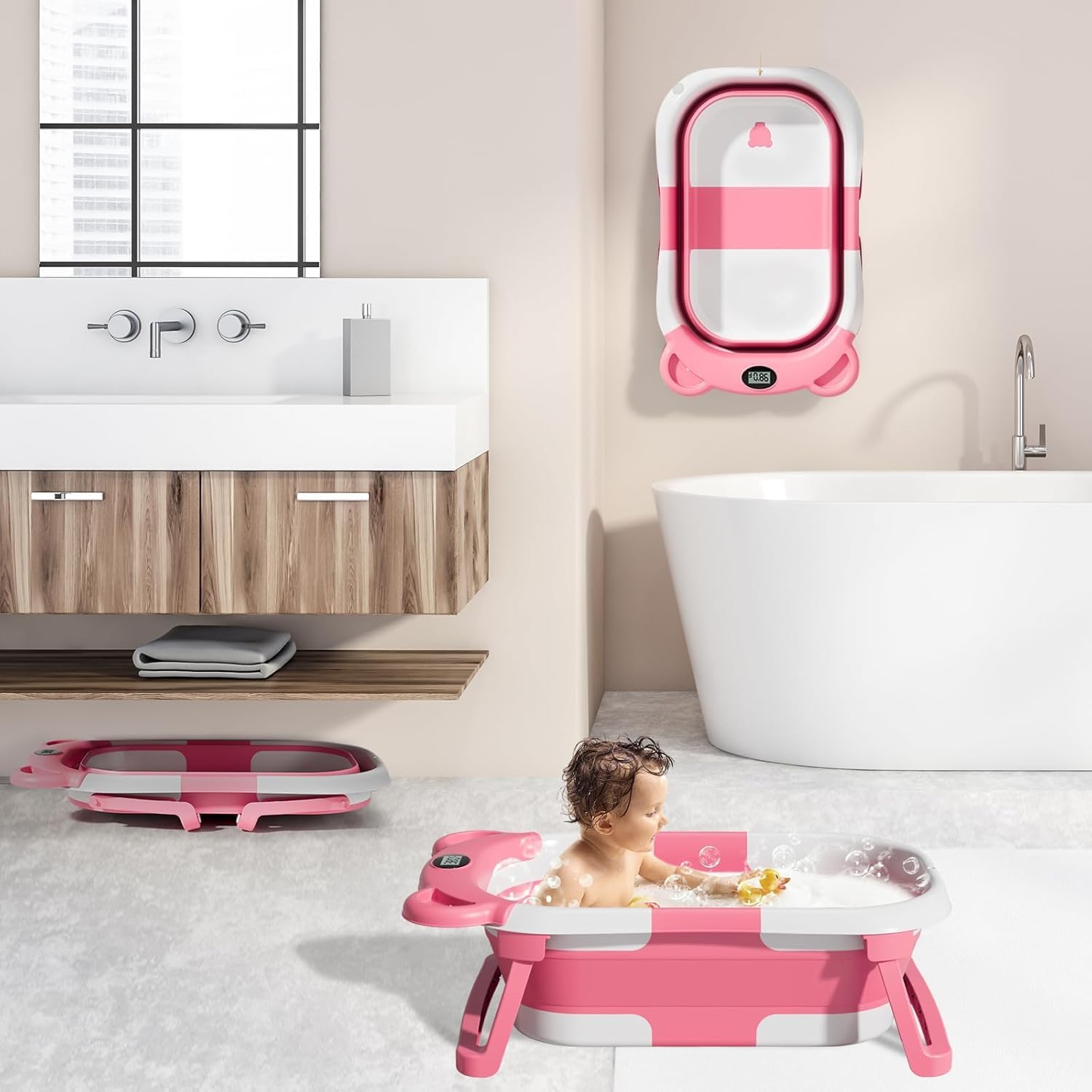 MoreFeel Collapsible Baby Bathtub for Newborn with Thermometer & 1 Hooded Towel & 1 Soft Floating Cushion,Portable Travel Bathtub with Drain Hole, Durable Foldable Baby Tubs for Infants to Toddler