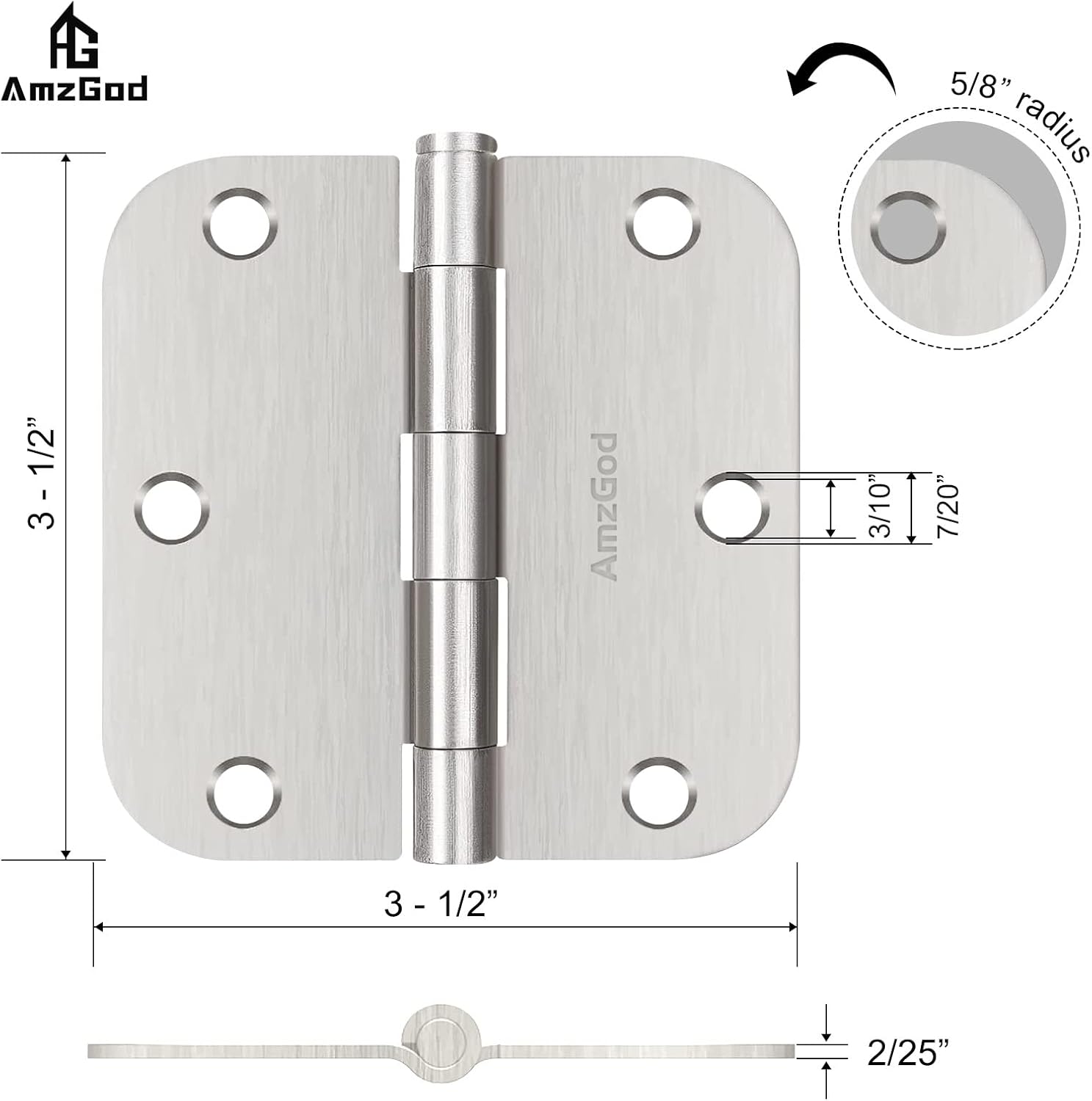 Door Hinges Brushed Nickel - 3 Pack Satin Nickel 3.5 Inch Rounded Interior Door Hinges with 5/8" Radius - Flat Iron Residential Standard 3 1/2 Inches Silver Door Hardware