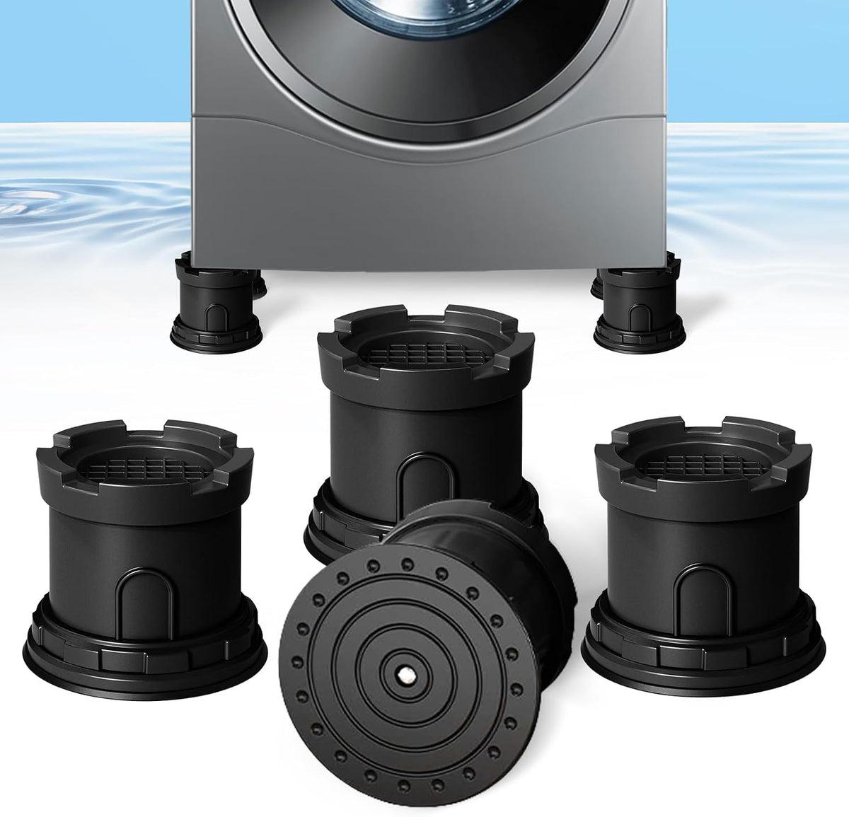 4Pcs Anti Vibration Pads for Washing Machine, Adjustable Height Stops Washer Dryer Moving, Prevents Noise, Vibration Transfer, Antivibration Stabilizer Support Feet with Suction Cup Bottom (Grey)