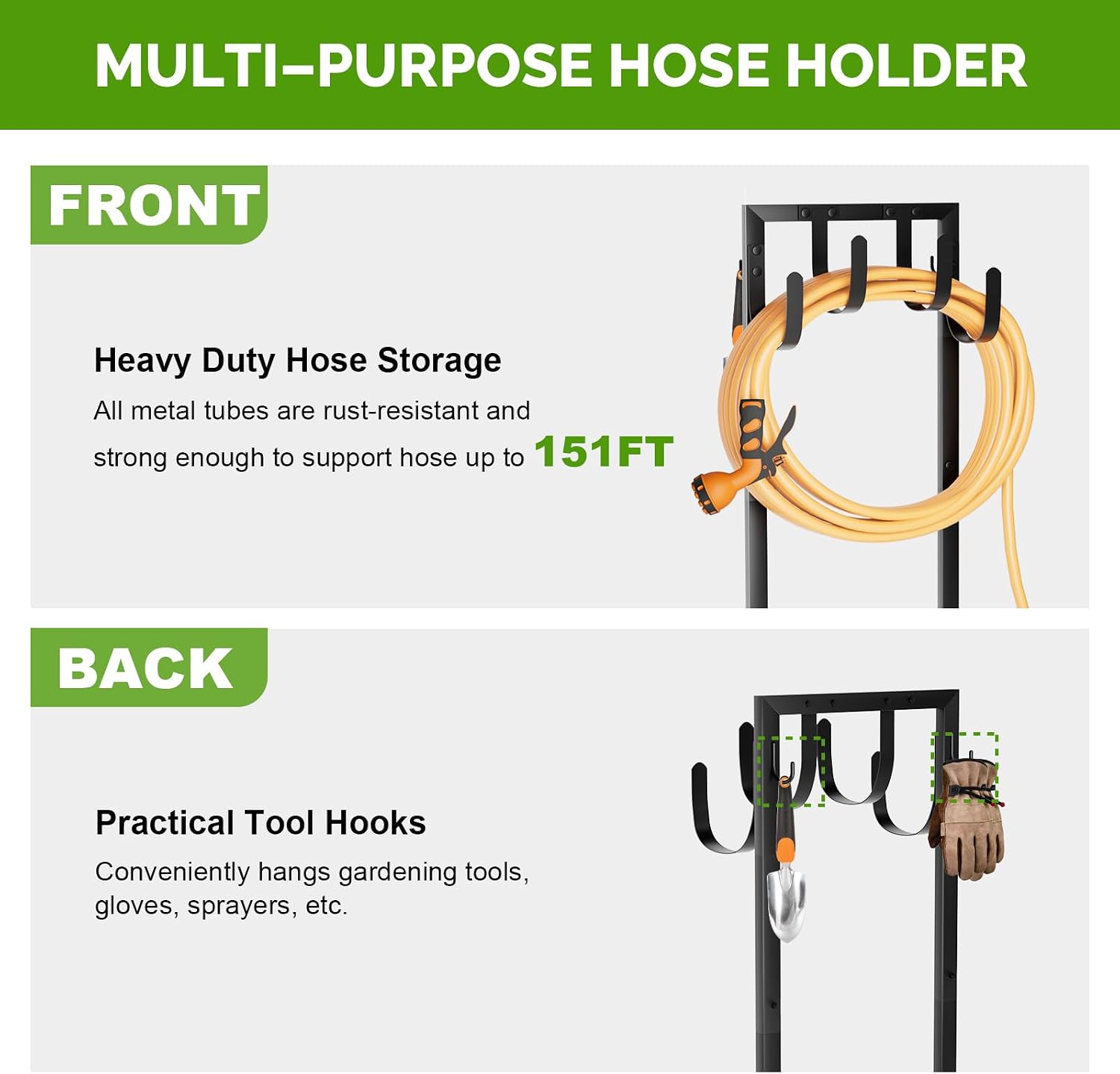 Heavy-Duty Garden Hose Holder with Stable Base and Tool Hooks, GAVISCITY Freestanding Metal Hose Hanger Garden Hose Storage Holds 151Ft Hose, Rustproof Water Hose Holder for Outside Yard Lawn, Black