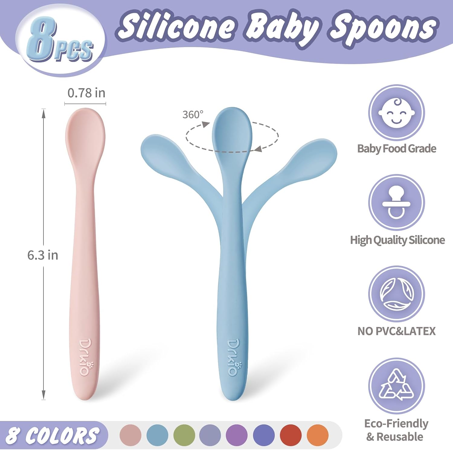 DRKIO 8 Pcs Silicone Baby Spoons Infant Utensils for First Stage Feeding