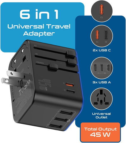 Ceptics 45W Universal Travel Adapter w/ 3 USB-A, 2 USB-C & Universal Input