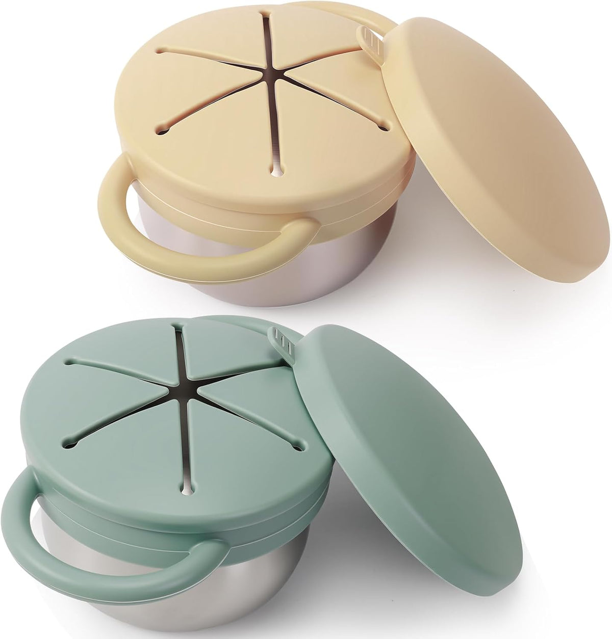 2 Pack Stainless Steel Spill Proof Snack Cup for Baby Toddlers Kids, with Silicone Food Catcher, Travel Lid, Spill-Proof Bowl Containers, Non Toxic BPA Free (Ash Green and Off-white)