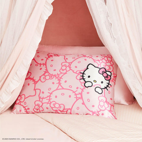 Kitsch x Hello Kitty (Pink Kitty Faces) - Satin Pillowcase with Zipper for Hair and Skin, Softer Than Silk Pillow Case, Cooling Pillow Cover, Machine Washable, Queen/Standard (19x26)