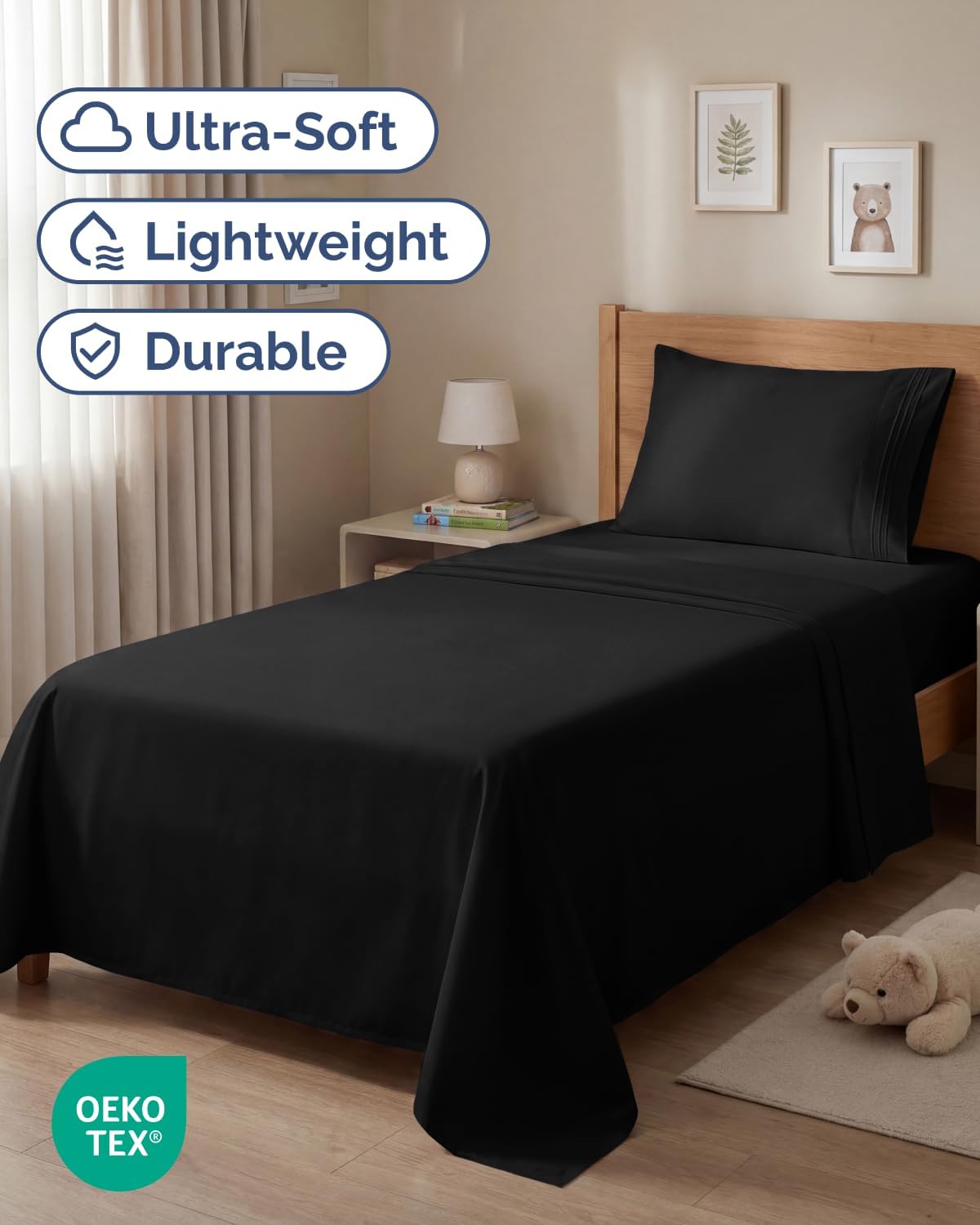 Twin Size 3 Piece Sheet Set - Comfy Breathable & Cooling Sheets - Black