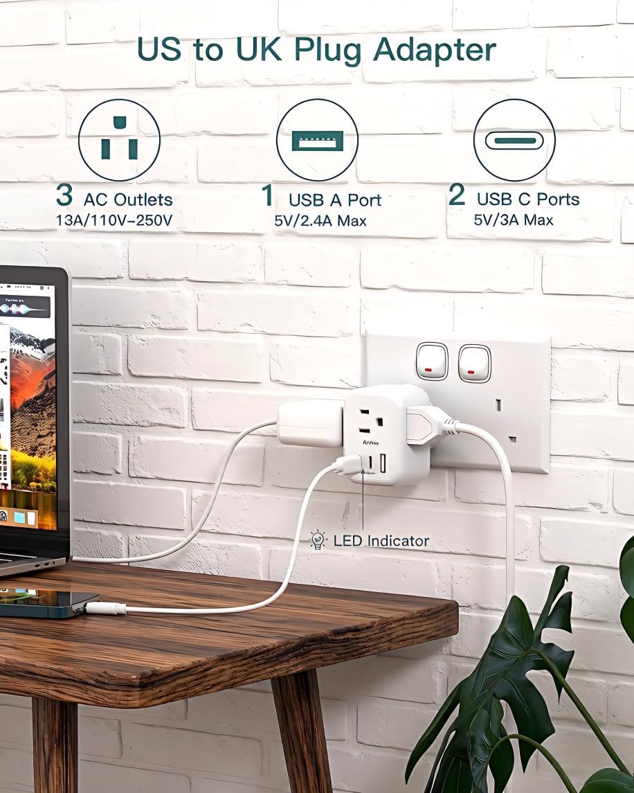 Addtam US to UK Travel Plug Adapter with3 Outlets 3 USB Ports(2 USB C)