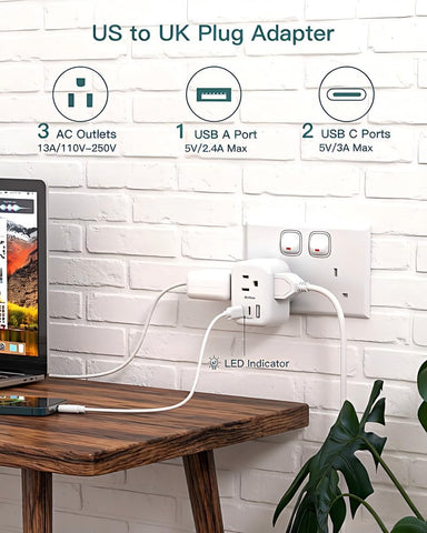 Addtam US to UK Travel Plug Adapter with3 Outlets 3 USB Ports(2 USB C)
