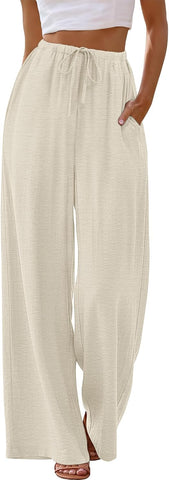 Sampeel Wide Leg Pants for Women Flowy Palazzo Drawstring Elastic Waist Trousers with Pockets Summer Beach Vacation Clothes