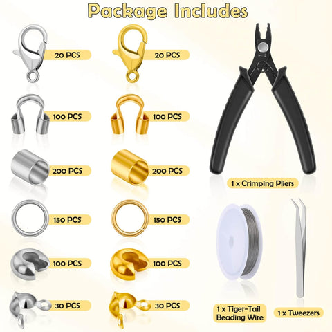 Acejoz 1203 Pcs Crimp Beads Supplies for Jewelry Making, Including Crimp Covers, Crimp Tubes and Wire Guardians, Lobster Clasps, Jump Rings, Crimping Pliers and Beading Wire for Bracelets Making