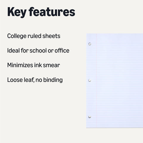Amazon Basics College Ruled Loose Leaf Paper, 11" x 8.5", 150 Sheets, White, No Binding, 1-Pack
