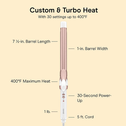 Conair Extra Long Curling Iron, Double Ceramic, 1", White/Rose Gold | Extra-long 7.5" hair curler and hair waver for every hair type with 30 heat settings, built-in heat protection, and auto-off