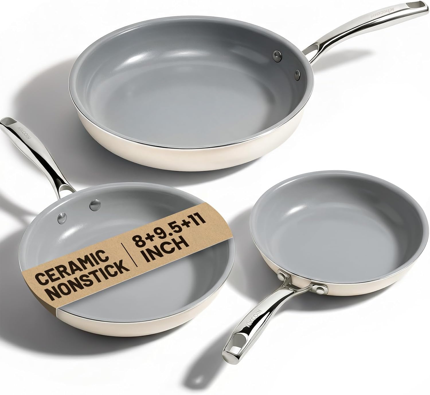 Kikcoin Ceramic Nonstick Frying Pans Set, 3 Piece Skillets (8"+9.5"+11")