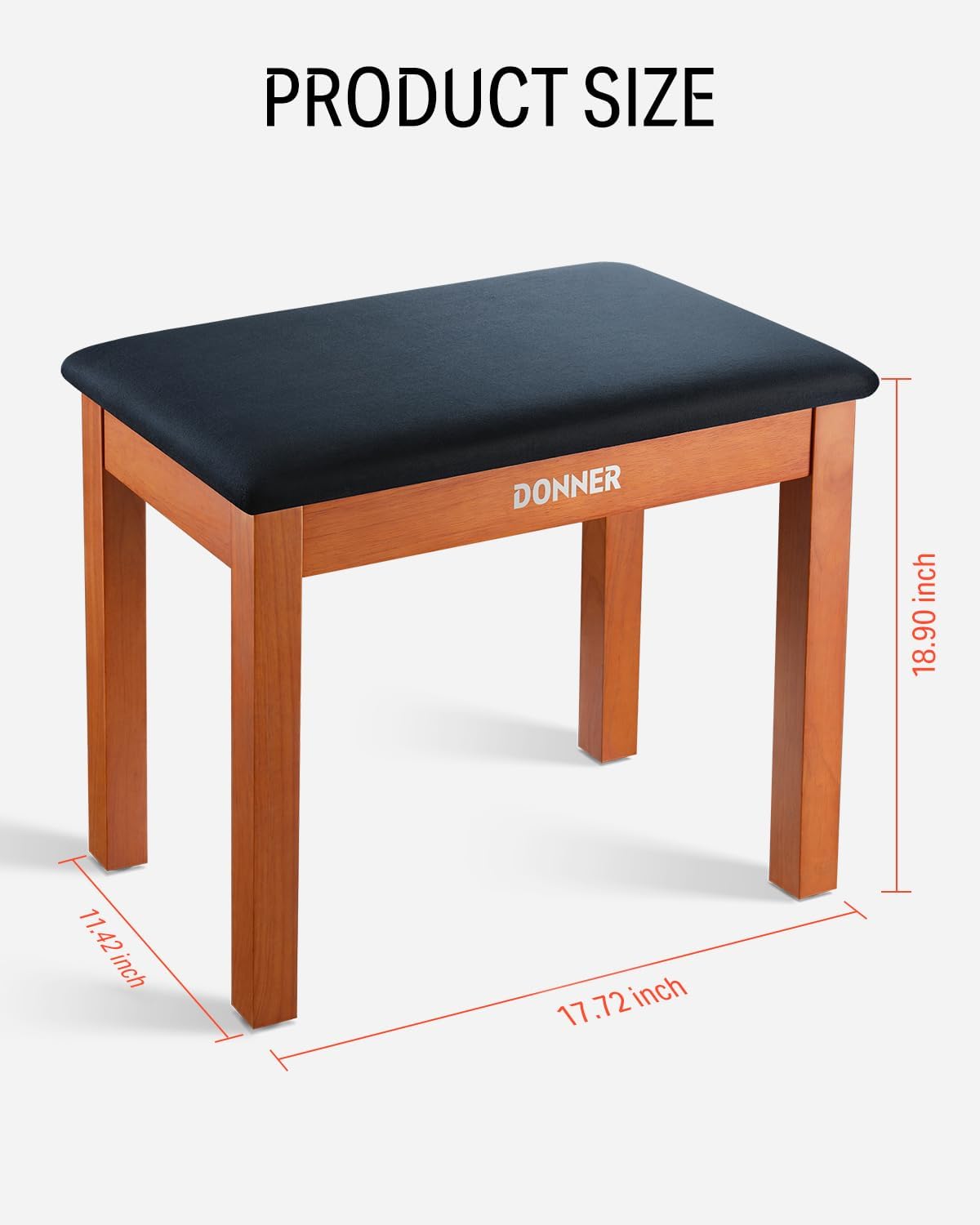 Donner Piano Bench with Storage, Solid Wood Keyboard Bench Piano Bookcase Stool Chair Seat with High-Density Suede Cushion, Wood Finish Color