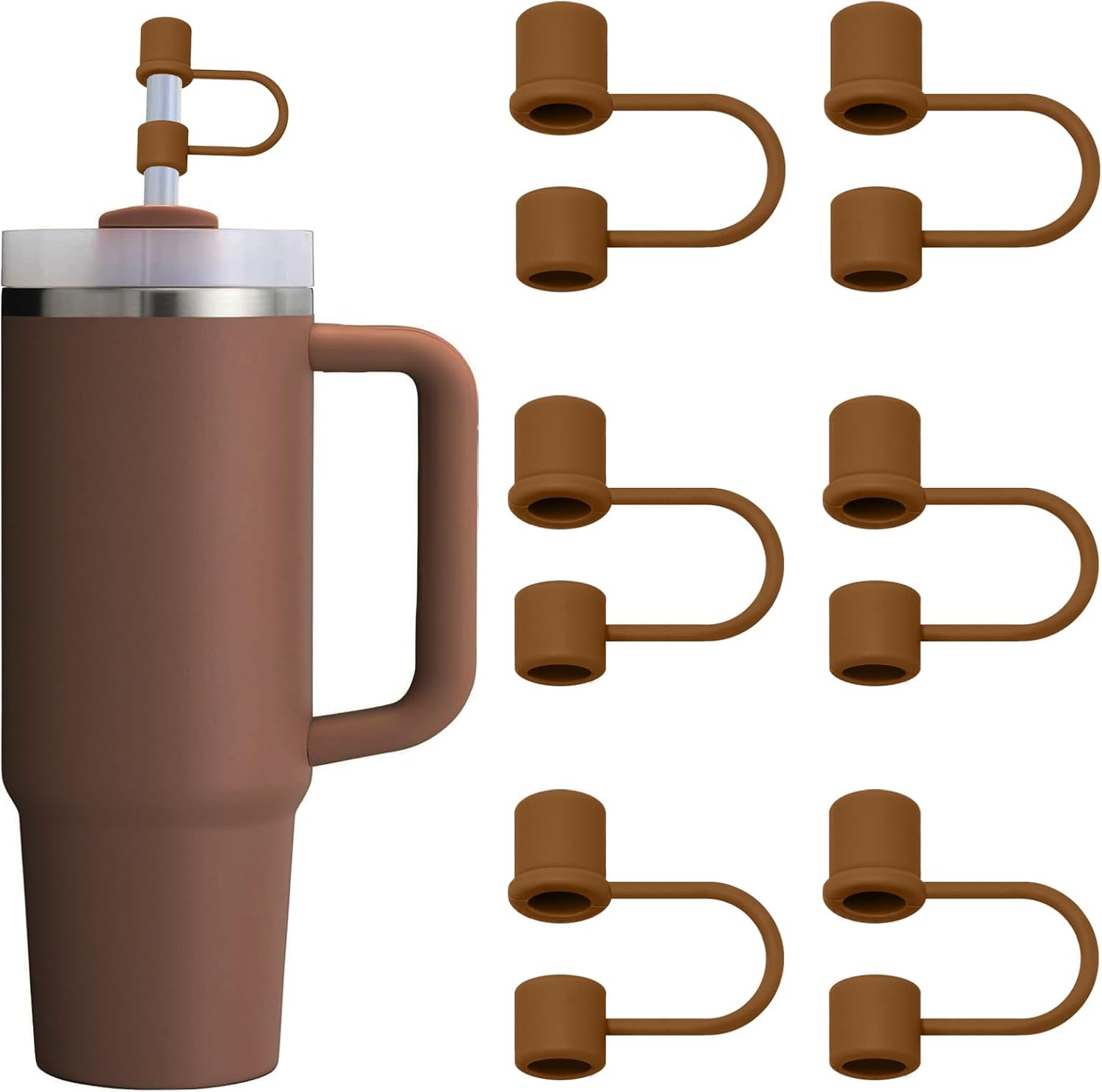 6PCS Silicone Straw Cover Cap Compatible with Stanley 30&40 Oz Tumbler Accessories Brown Straw Toppers Reusable Caps for Stanley Cup 10mm 0.4in Straws