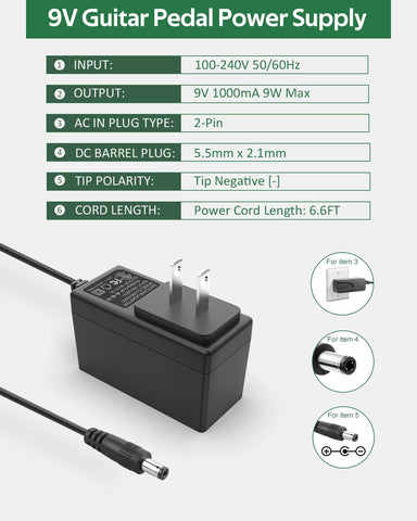 Guitar Pedal Power Supply, 9V DC 1A - Center Negative - 6.6FT Power Cord