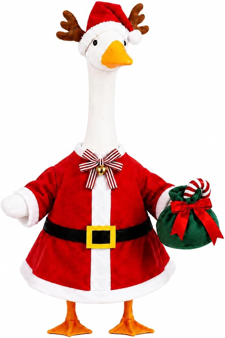 STONESTAR Christmas Porch Goose Outfits for 23" Goose Statue, Red Santa Coat with Antler Hat Jingle Bell Bow Tie Candy Cane Gift Bag Goose Costume for Patio Yard Xmas Santa Holiday Decor