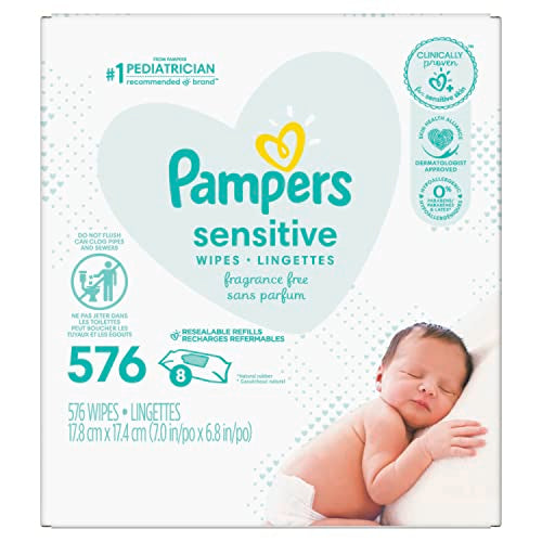 Pampers Baby Wipes Refills, 576 count - Sensitive Water Based Hypoallergenic and Unscented Baby Wipes (Packaging May Vary)