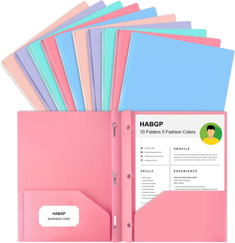 2 Pocket Folder with Prongs (10 Pack, Pastel), Plastic Folders with Pockets