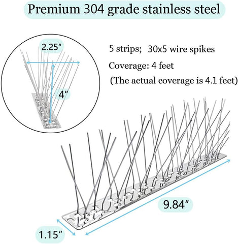 PANGCH Bird Spikes,Stainless Steel Bird Spikes Metal Bird Spikes Fence Spikes Easy to Install - 5 Strips 4.1 Feet Coverage