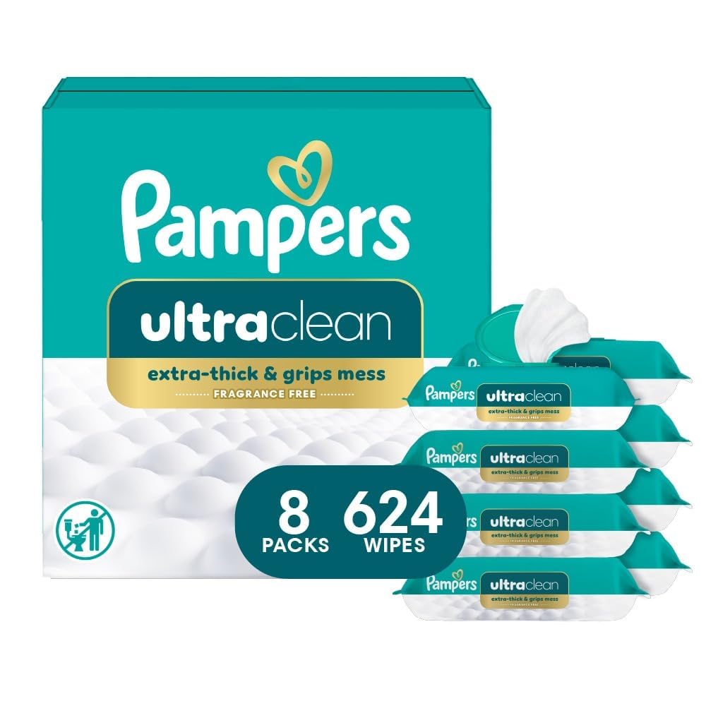 Pampers Ultraclean Baby Wipes, Unscented, Fragrance Free, Water Based, Hypoallergenic, Extra Thick & Grips Mess, 100% Plant Based, 624 Wipes Total (8X Flip-Top Packs)