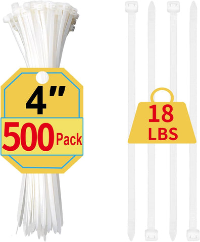 Small Zip Ties 4 Inch, 500 Pack, Mini White Cable Ties for Electronics, Wires, Nylon/Plastic Clear Zip Ties for Home Improvement, Office & Outdoor Use, 18lb Tensile Strength.