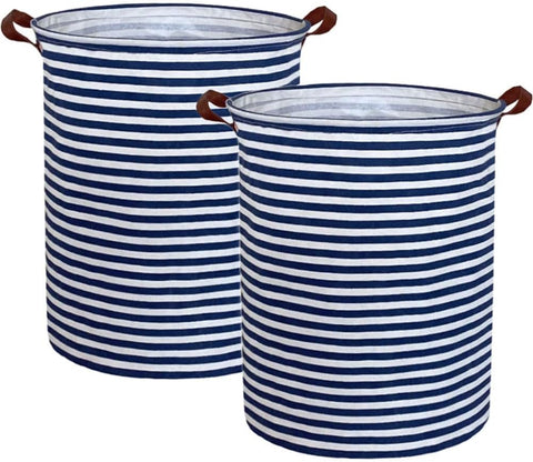 ESSME 2pack Kids Laundry Hamper,Boys laundry basket,Collapsible Bule storage basket with Waterproof PE Coating,Canvas Fabric Nursery Hamper for Kids Room Decor,Toy storage,Gift,Baby Clothing.(2pack Navy Blue stripes)