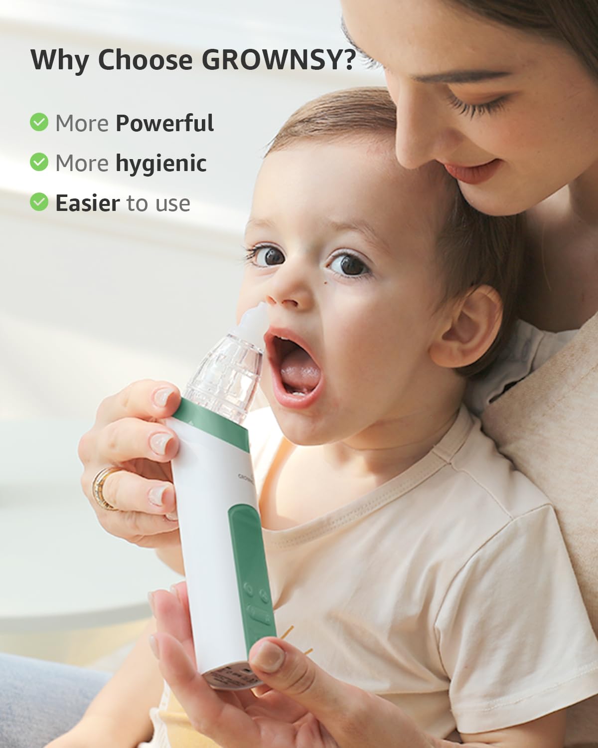 GROWNSY Electric Nasal Aspirator for Baby, Nose Sucker with 3 Tips, Green