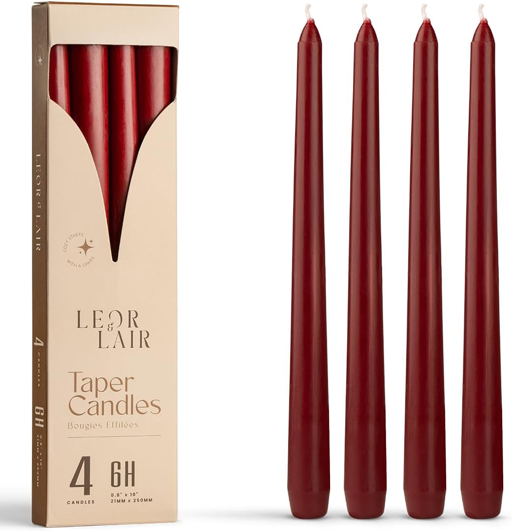 Leor & Lair Red Taper Candles, 4 Pack, 10" Dark Red Candlesticks