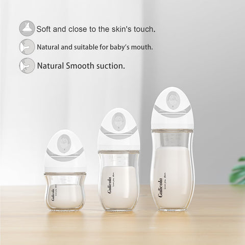 Gulicola Natural Glass Baby Bottle for Breastfeeding Babies, Newborn Anti-Colic Bottle Set with Slow Flow Nipple, 0-3 Months, 5 oz, 2 Pack - Pink