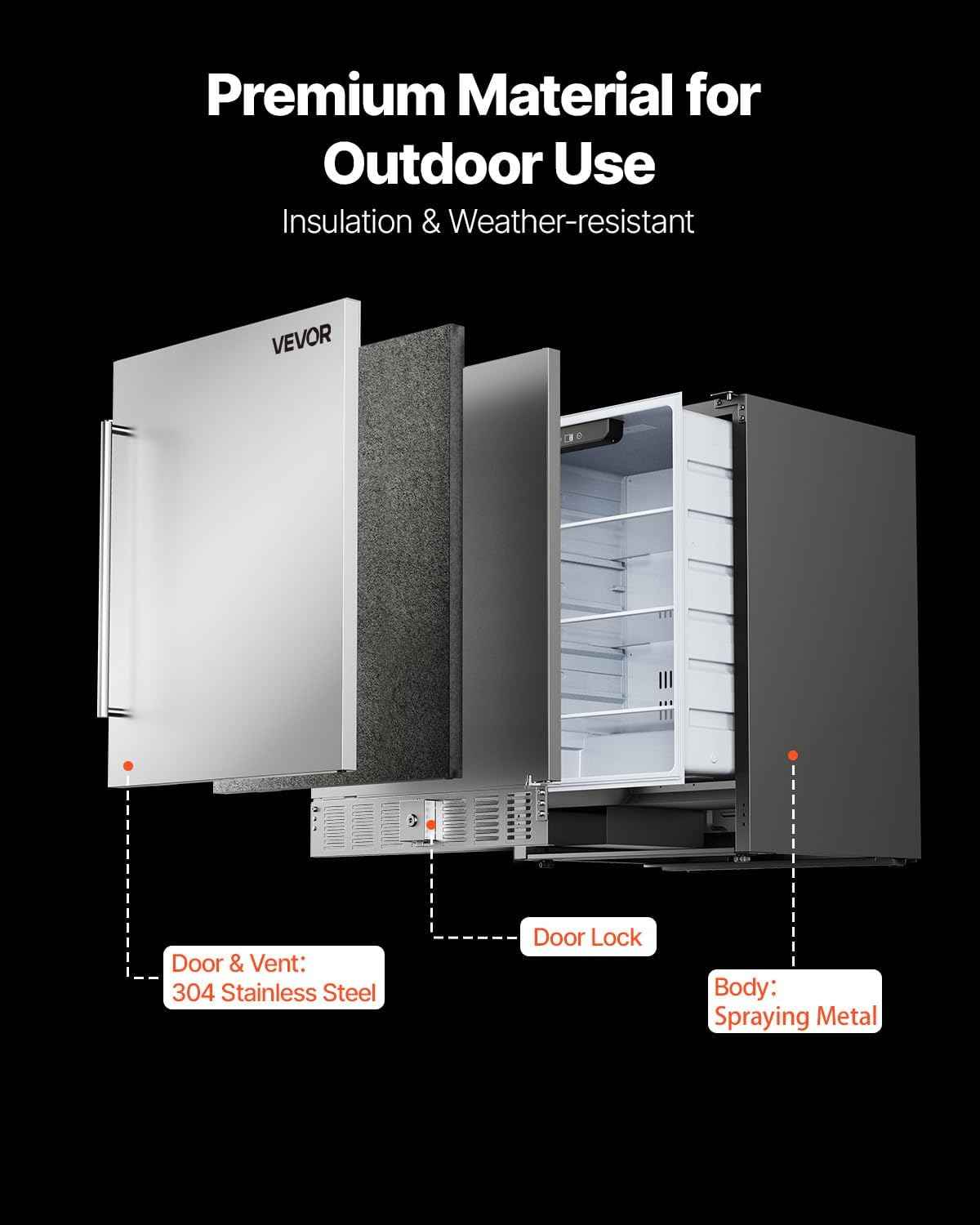 VEVOR 24-Inch Outdoor Beverage Refrigerator, 150 QT Built-in Drink Fridge, 0.56 kWh/Day Energy-Efficient Cooler with 304 Stainless Steel Door, Holds 180 Cans for Outdoor Kitchen, Home Bar, Patio