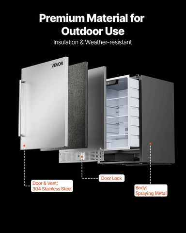 VEVOR 24-Inch Outdoor Beverage Refrigerator, 150 QT Built-in Drink Fridge, 0.56 kWh/Day Energy-Efficient Cooler with 304 Stainless Steel Door, Holds 180 Cans for Outdoor Kitchen, Home Bar, Patio