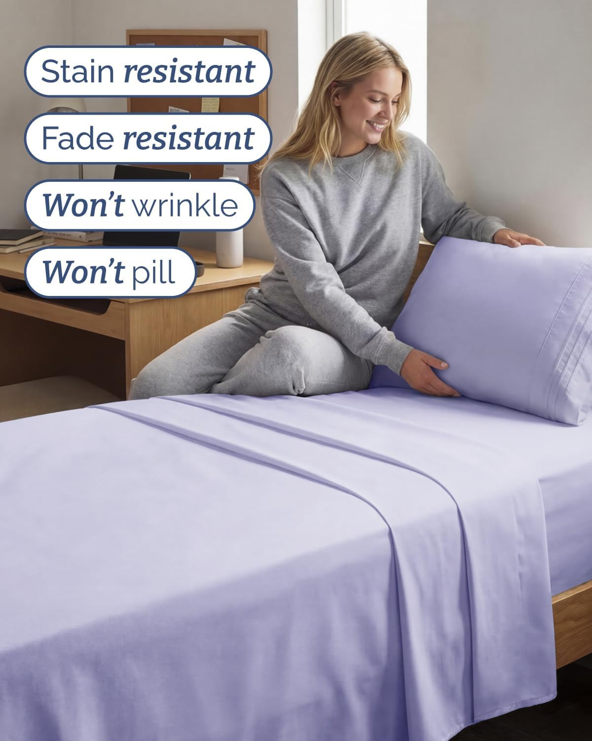 Twin XL 3 Piece Sheet Set - College Dorm Room Essentials - Lavender