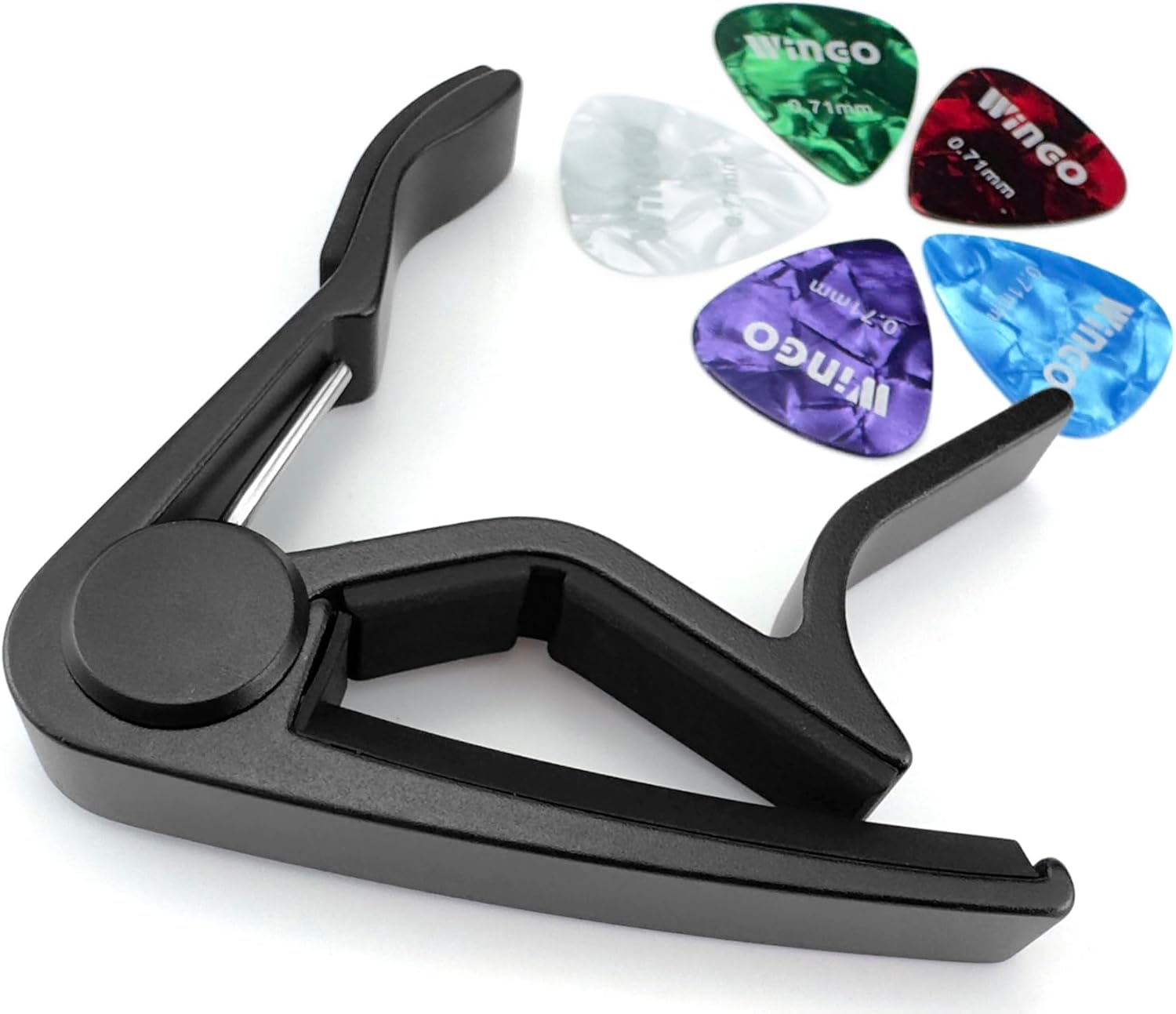 WINGO Guitar Capo for Acoustic and Electric Guitars with 5 Picks, Black.