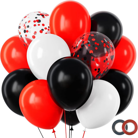 RUBFAC Red and Black Balloons Graduation Decorations Kit, White and Confetti Balloon 65pcs 12in, Party Balloons for Birthday, Stranger Things or Casino Theme Party Decorations