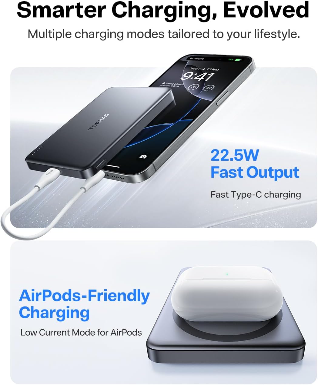 TORRAS MiniMag Power Bank,Ultra-Slim 10,000mAh Magnetic Wireless Portable Charger, 22.5W Fast Charging iPhone Air Magnetic Battery Pack Designed for iPhone 17 Pro Max/17 Pro/Air/16/15/14/13/12, Gray