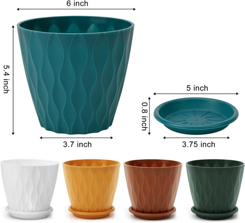 YNNICO 6 inch Plant Pots 5 Pack Plastic Planters with Drainage & Saucers