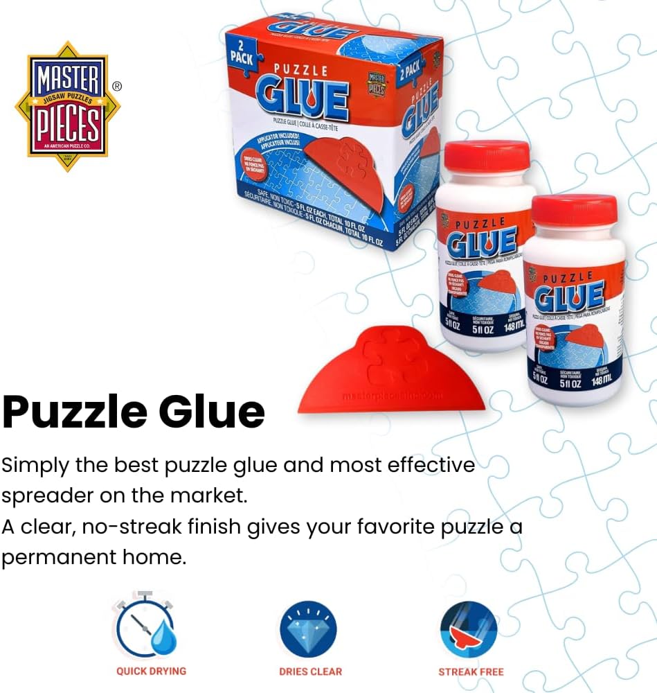 MasterPieces – Puzzle Glue with Wide Plastic Spreader, Easy to Apply, Dries Quick and Clear, Protects Finished Jigsaw Puzzles, Water-Soluble, 2 Pack, 5 oz Each