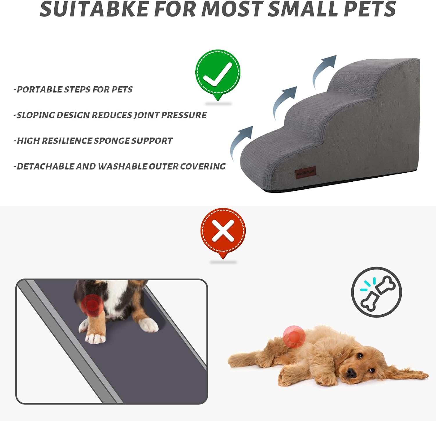Aodisman Dog Stairs for Small Dogs and Cats,3-Step Pet Ramp for Bed & Couch