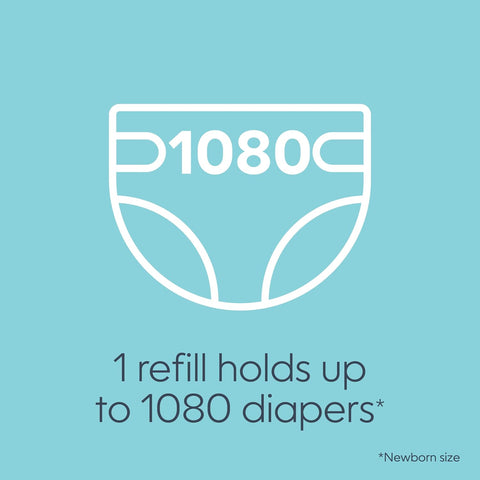 The Diaper Genie Jumbo+ Square Refill, with continuous film, can hold up to 1080 newborn-sized diapers per refill.