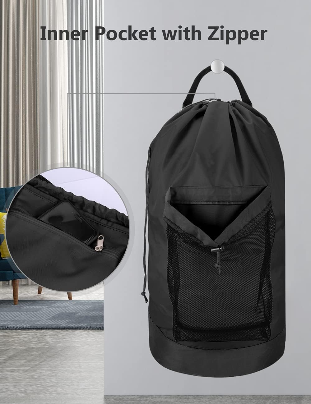 Dalykate Backpack Laundry Bag, 115L Large Hamper with Shoulder Straps, Drawstring Closure, Mesh Pocket, Black