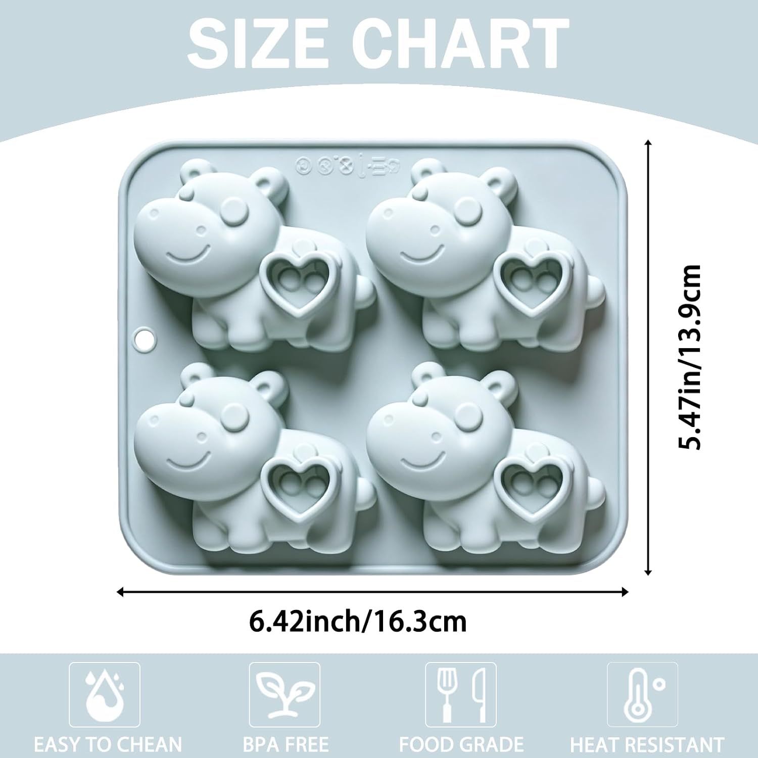 Hippo Silicone Molds, 4-Cavity Hippo Shaped Baking Tray for Chocolate, Candy, Ice Cube, Jello, Gummy, Cookie, Cake Decoration
