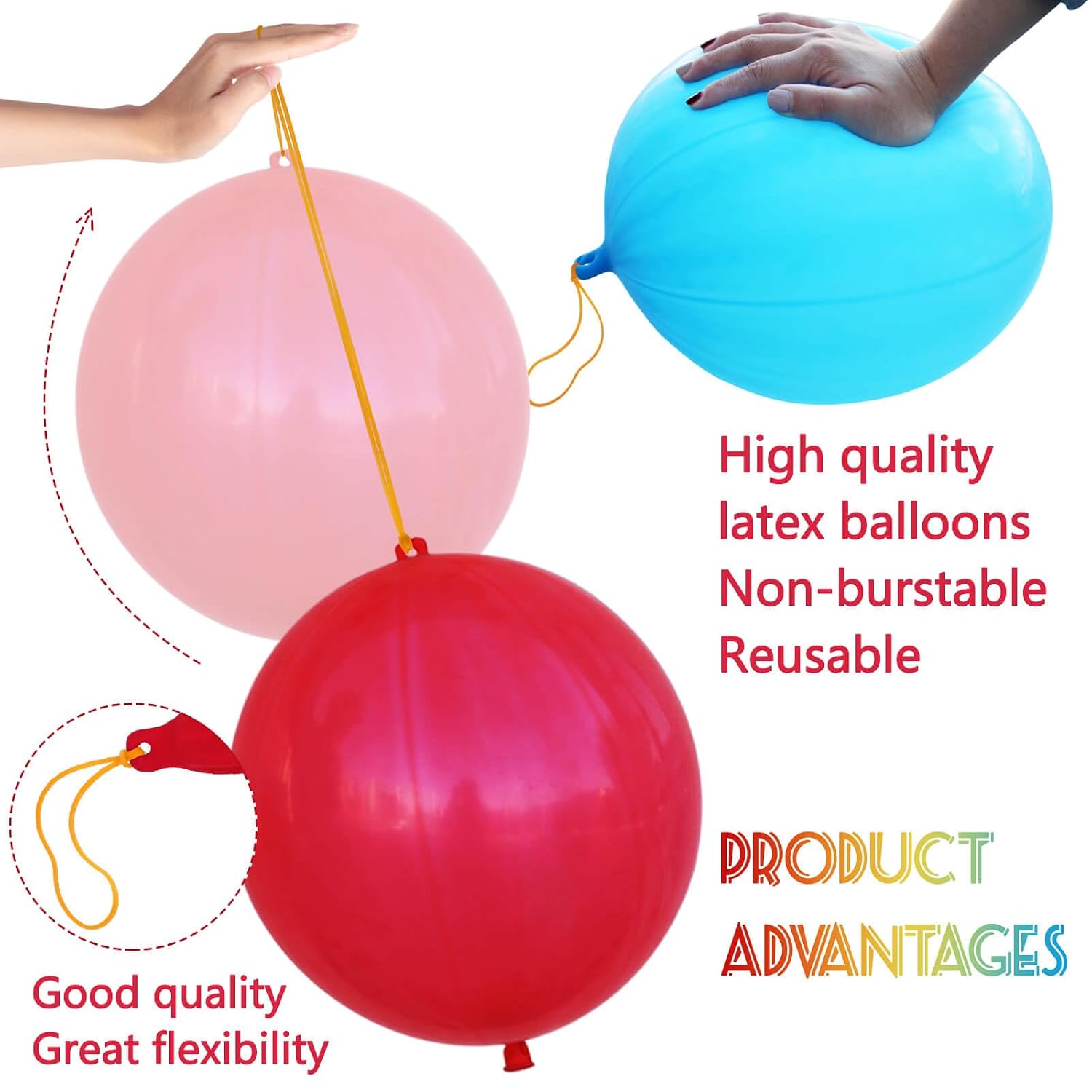 LEEZZIZZ 30Pcs Punch Balloons, Thickened Neon Punching Balloon Heavy Duty Party Favors for Kids with Rubber Band Handle, Bouncy Balls for Birthday Weddings Goodie Bag Stuffer Supply