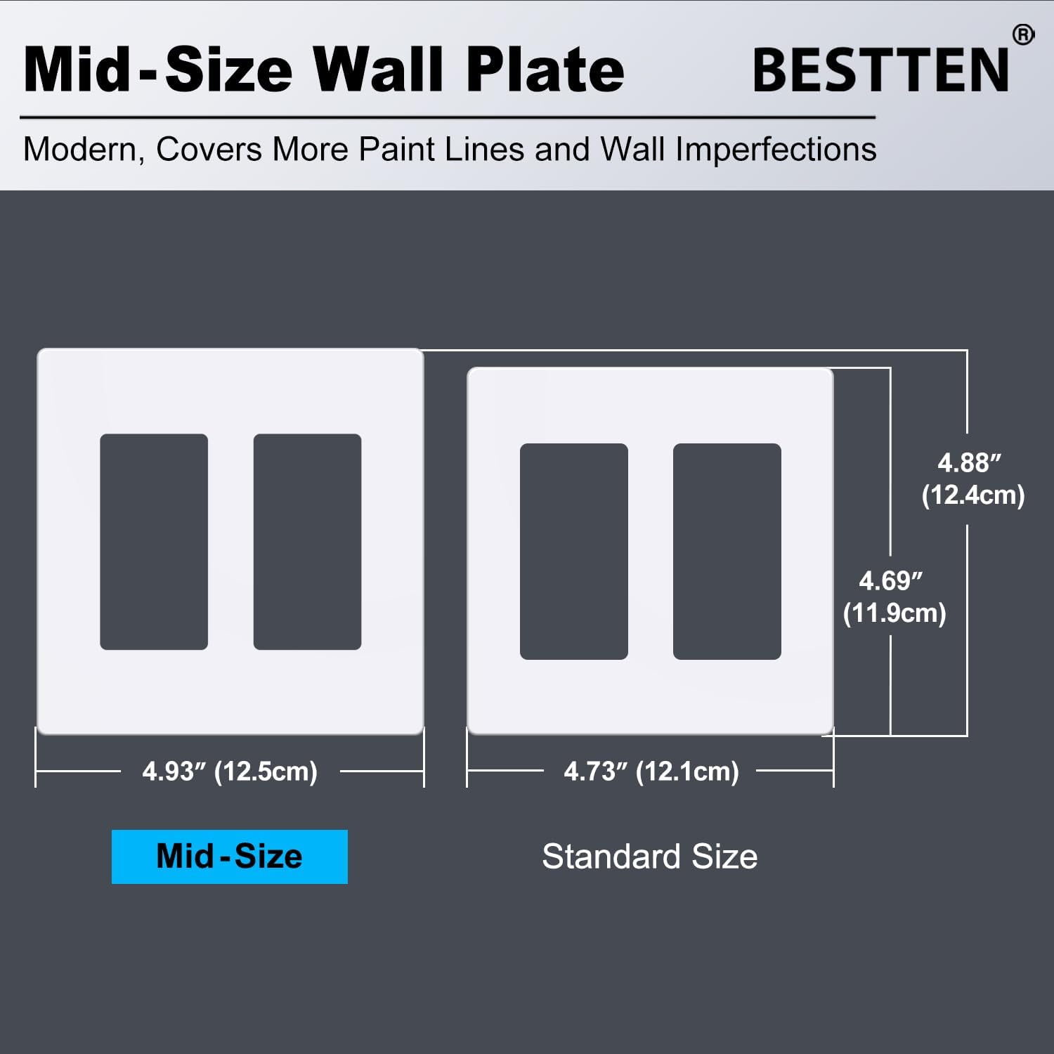 [4 Pack] BESTTEN 2 Gang Screwless Decorator Wall Plate, Mid-Size H4.88" x W4.93", USWP6 Gloss Snow White, Faceplate Cover for Decorative Receptacle Outlet & Switch