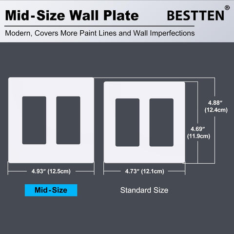 [4 Pack] BESTTEN 2 Gang Screwless Decorator Wall Plate, Mid-Size H4.88" x W4.93", USWP6 Gloss Snow White, Faceplate Cover for Decorative Receptacle Outlet & Switch